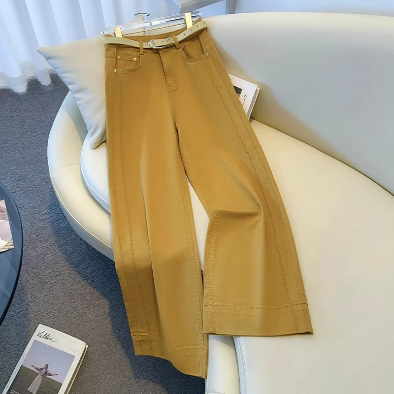 拉夏贝尔窄版阔腿牛仔裤女2025年春秋新款简约显瘦宽松直筒拖地裤