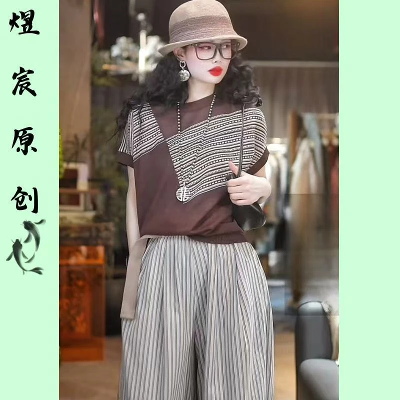 煜宸原创✿【98660】夏季复古显瘦拼接针织衫短袖时尚款宽松圆领上衣