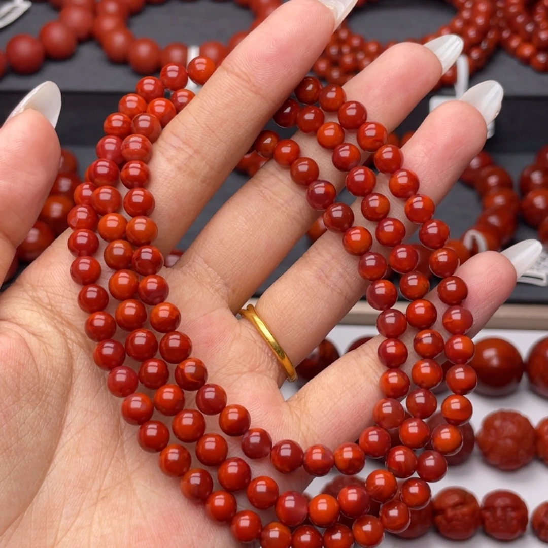 南红玛瑙未镶嵌手串Y6mm收藏柿子牛血双色火焰长链