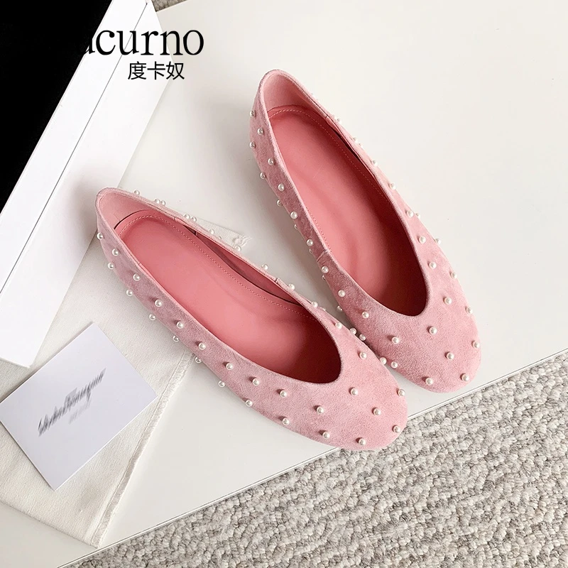 DUCURNO一脚蹬粗跟圆头浅口单鞋女2025新款珍珠豆豆鞋百搭平底鞋