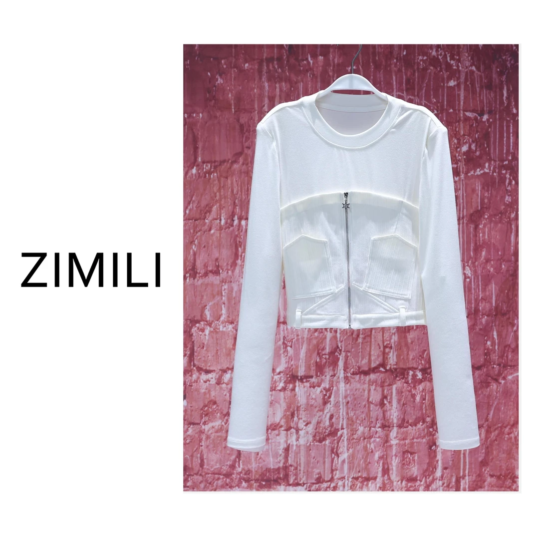 【亮哥女装】2025秋冬新品白色半拉链拼接高弹显瘦打底上衣6511-E8