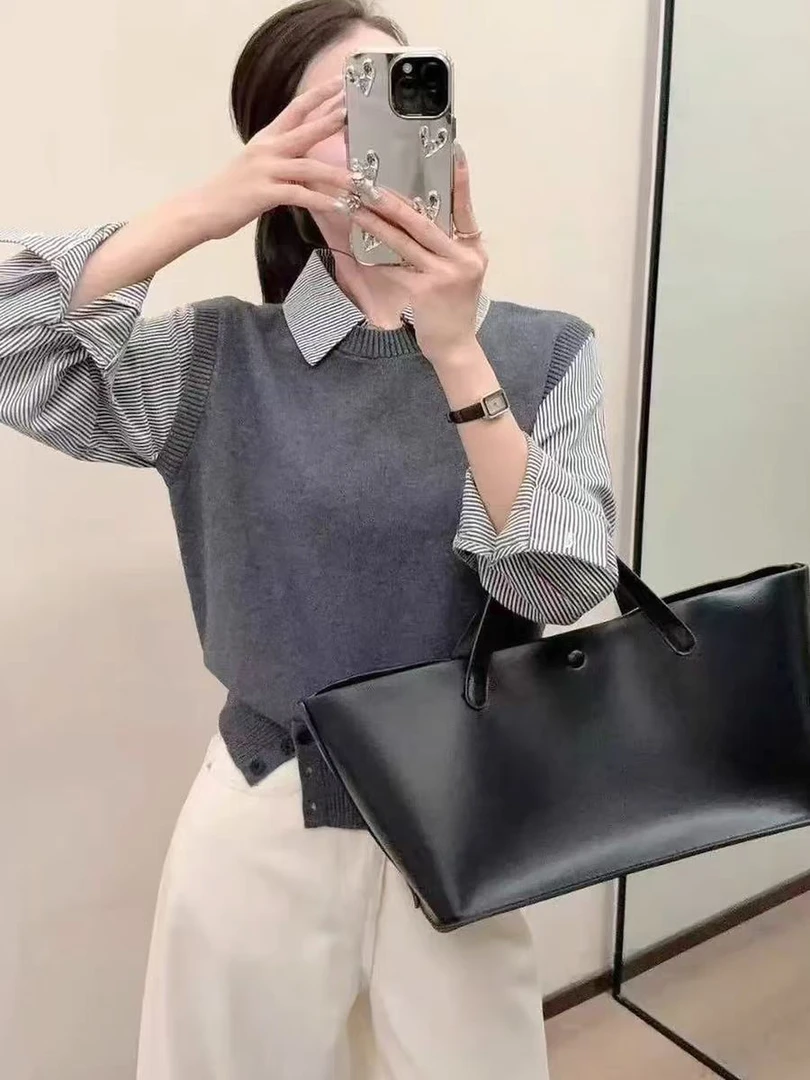 韩系假两件格子拼接毛衣女打底秋冬新款设计感圆领针织衫套头上衣