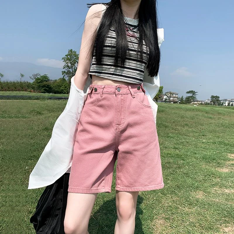 脏粉色牛仔短裤女夏季2025年新款薄款高腰五分裤宽松直筒阔腿中裤