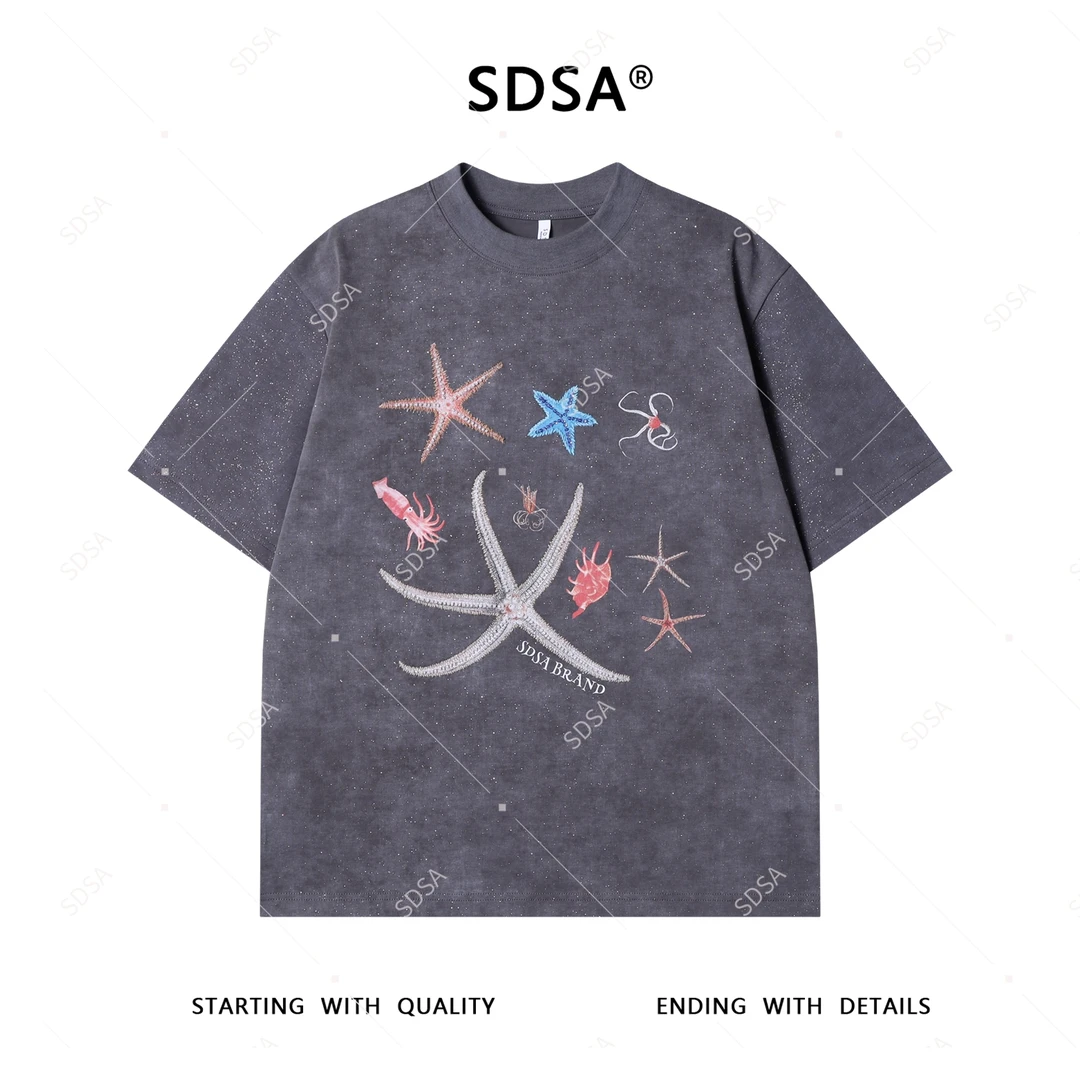 夏季高级感新款男士满天星海星印花短袖T恤设计师宽松圆领上衣