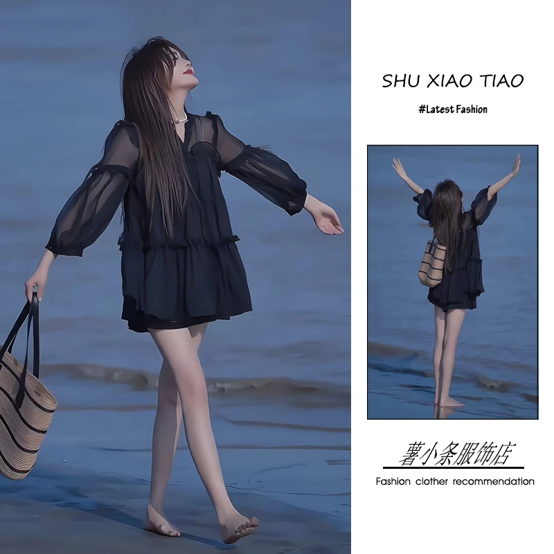 夏季2025新款一整套女装韩系穿搭氛围感显瘦网纱拼接上衣短裤套装