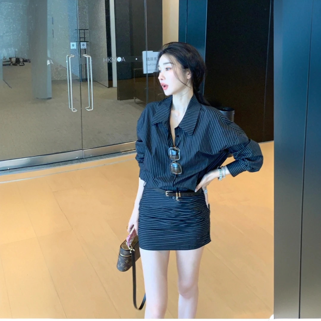 天丝棉双色衬衫连衣裙女慵懒气质皮带收腰短款包臀裙+送腰带