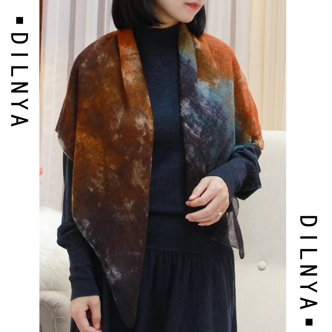 DILANYA/迪兰娅纯山羊绒披肩手绘高档围巾时尚百搭裹边气质外搭