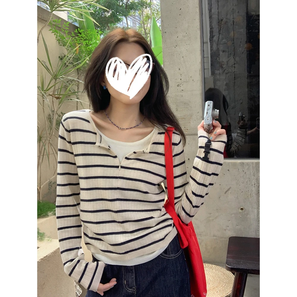 Sisilyon 早春半岛~条纹撞色假两件针织衫小个子休闲短款显瘦上衣