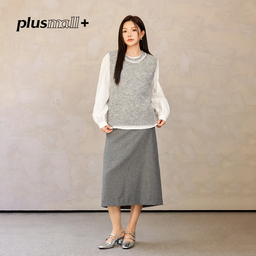 PLUSMALL 银叶蔷薇 法式棉衬衫薄呢半身裙钻链背心PM2509113AB