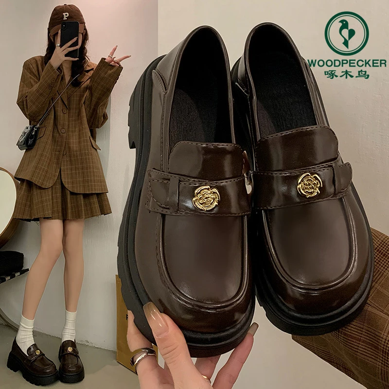 啄木鸟山茶花棕色乐福小皮鞋女2024春秋新款JK英伦风时尚玛丽珍鞋