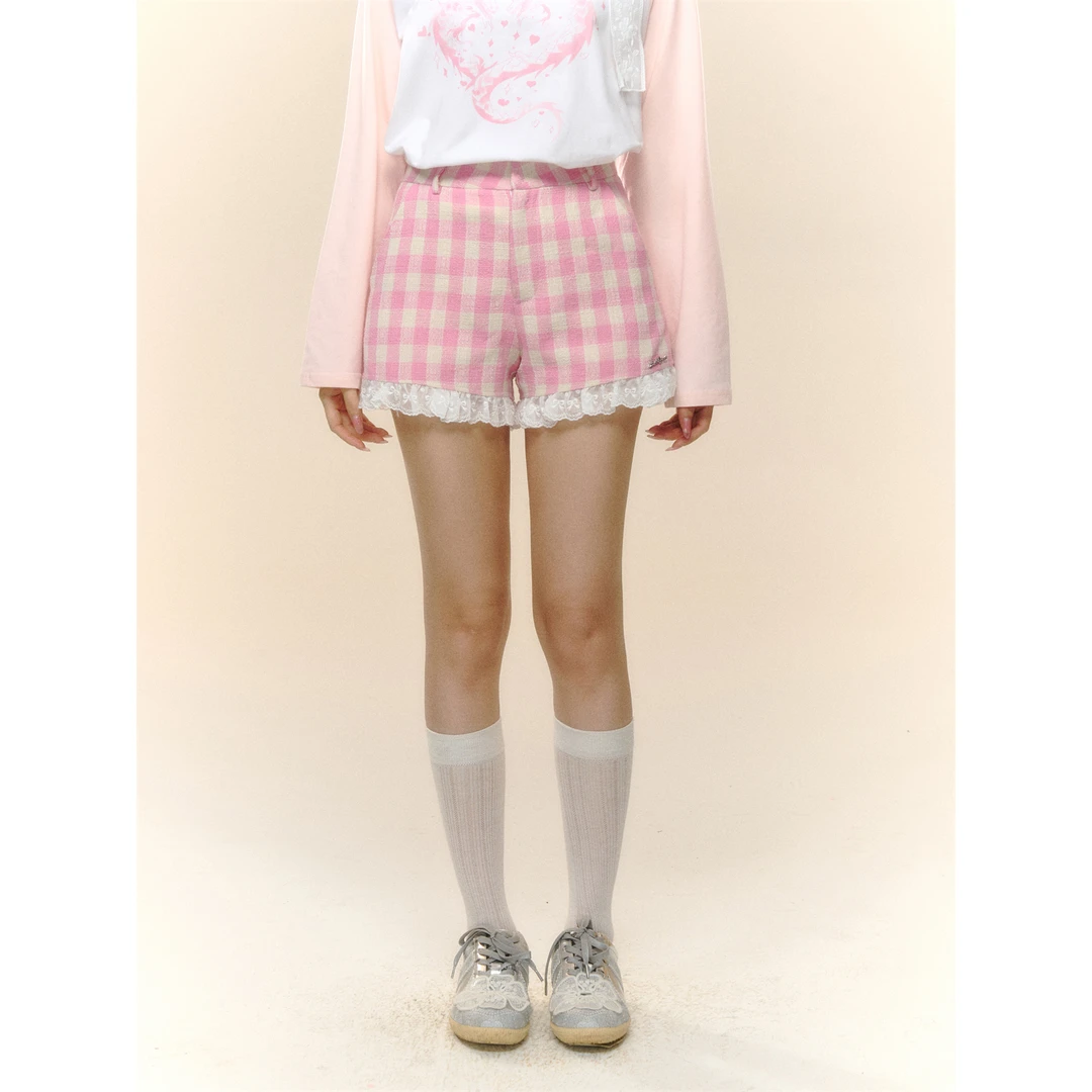 AsGony格纹拼接蕾丝A字显瘦百搭短裤