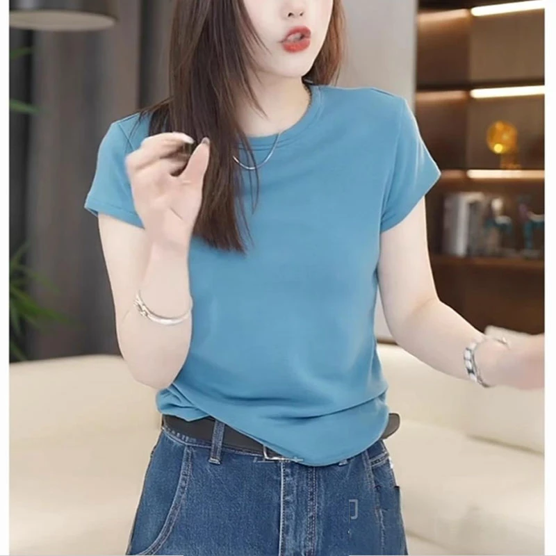 香朵儿减龄蓝色圆领短袖T恤女2025夏季新款圆领上衣温婉大方衣服