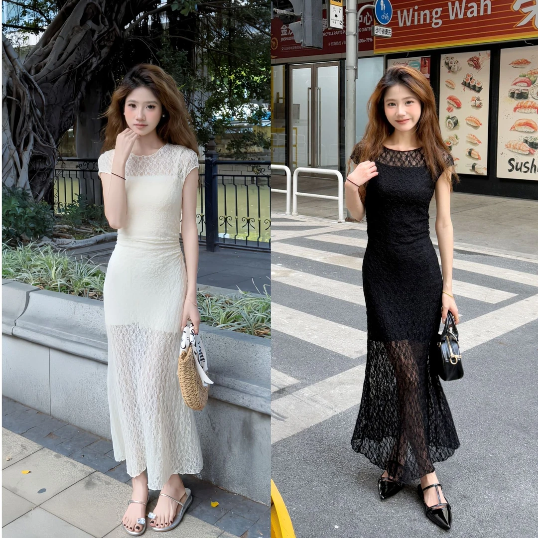 菜菜【白月光】小个子春季法式优雅网纱蕾丝修身吊带连衣裙两件套