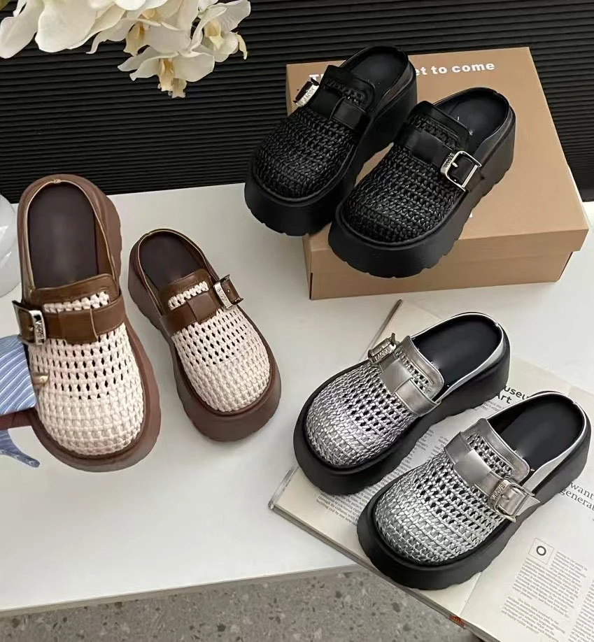 新款厚底增高百搭编织镂空包头半拖鞋时尚软底皮带扣女鞋拖鞋6018