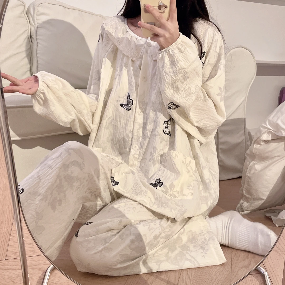 【带胸垫夏季薄款】皱皱棉纱月子服产后孕期孕妇哺乳睡衣宽松透气