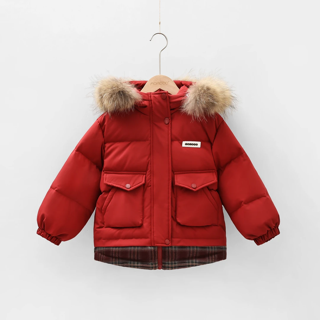 MOMOCO男童冬季新款90绒羽绒服保暖红色连帽洋气外套77430102020