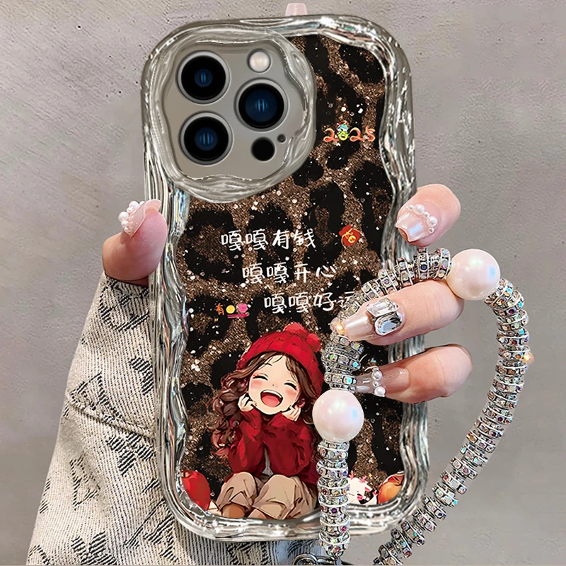 适用于【苹果】14ProMax豹纹嘎嘎好运小女孩创意时尚手机壳