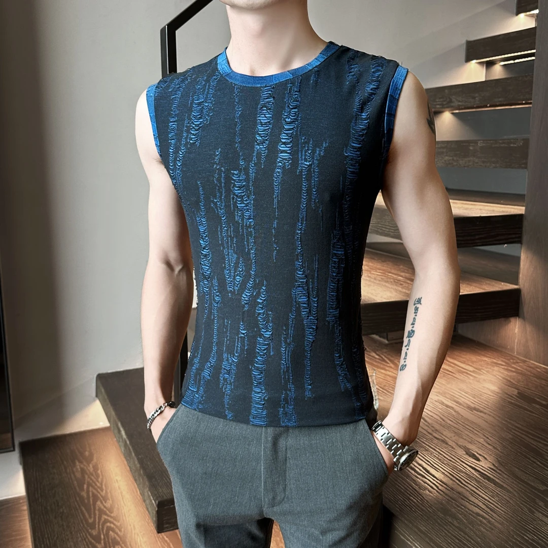 夏季新款高级感男士撞色破洞无袖T恤休闲透气运动健身坎肩背心男
