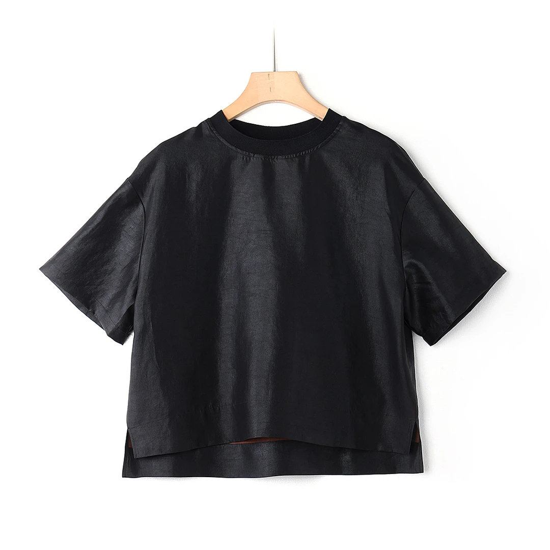 【澜亭絮絮】桑蚕丝香云纱黑胶绸圆领时尚上衣25-071