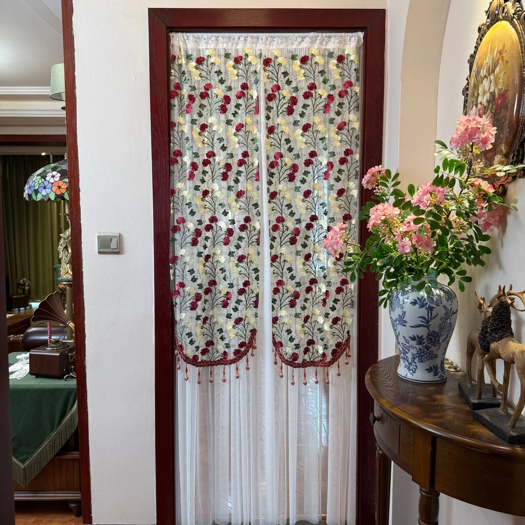 红叶燃秋高定刺绣吊珠双层长门帘家用免打孔卧室氛围感隔断纱帘