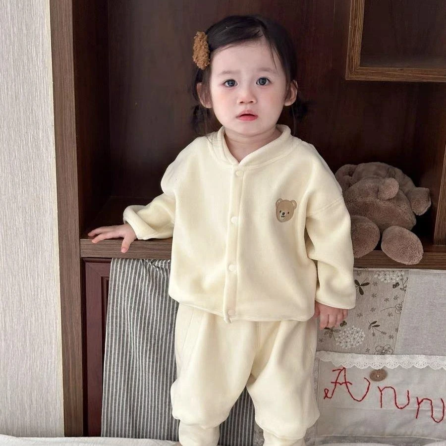 儿童秋冬季奥粒绒套装婴幼儿女超萌小熊保暖百搭外套裤子2件套