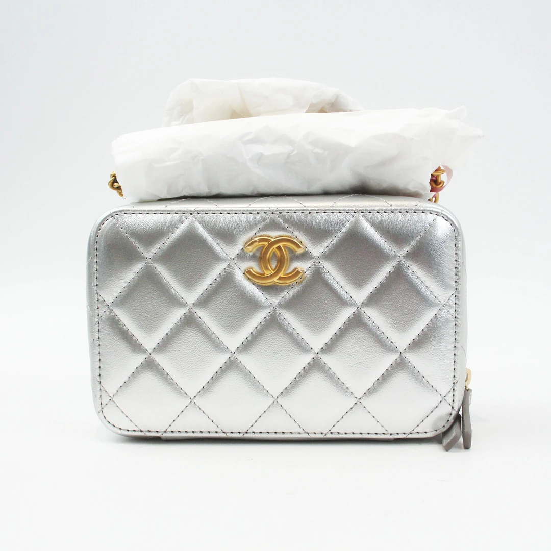 95新 Chanel/香奈儿 75960B23P银色金扣菱格手提单肩斜挎包