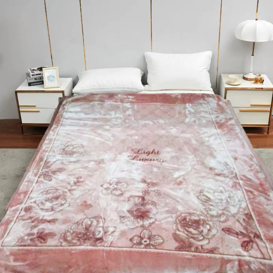200*230cm 粉色山茶花 双层 午睡毯多功能卧室加厚绒毛毯