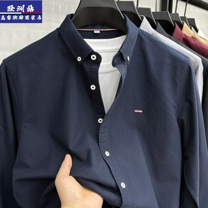 正品Tommy汤米100%纯棉牛津纺衬衫男士秋季上衣纯色刺绣休闲衬衣