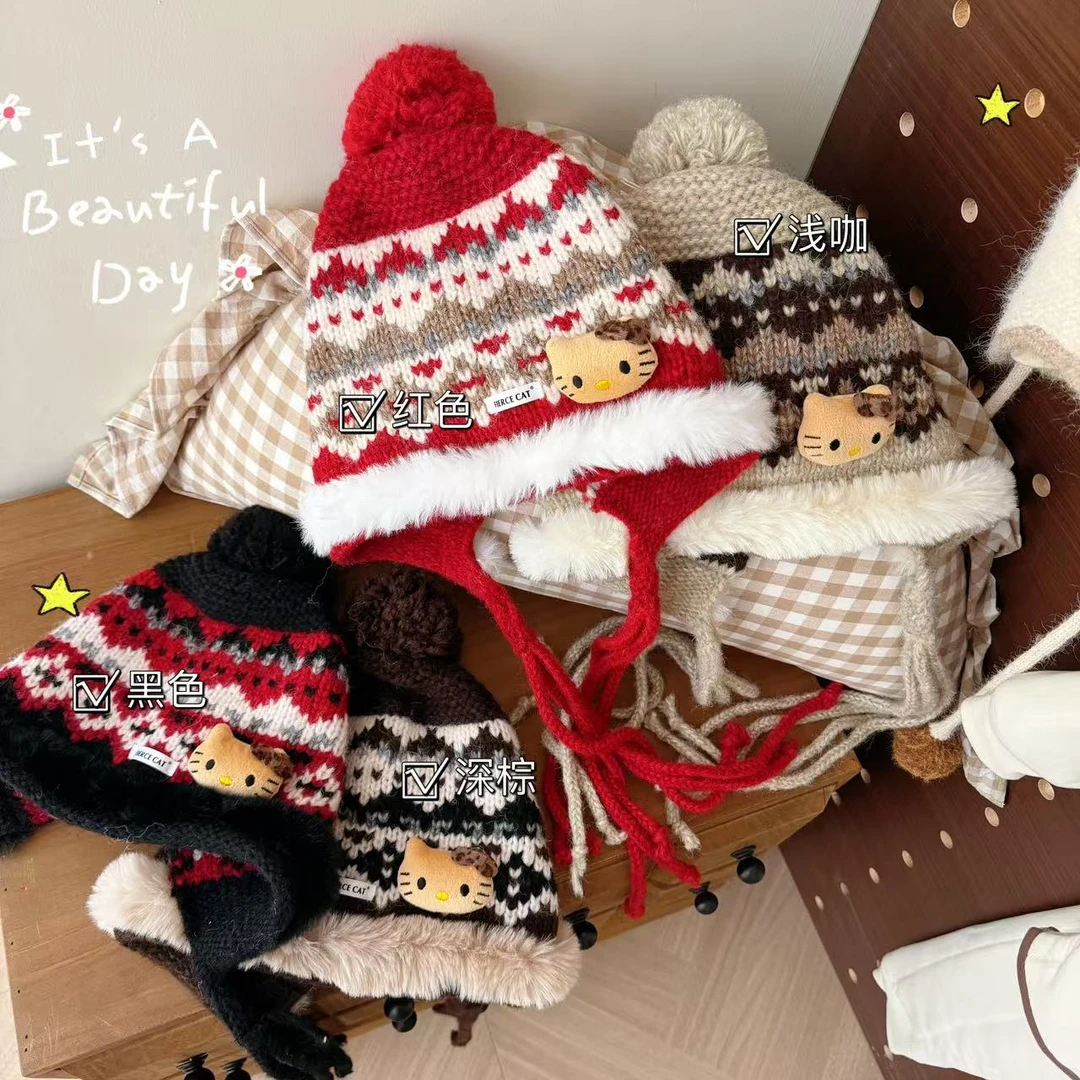 提花针织凯蒂猫毛球暖暖帽巨好看保暖帽 25746