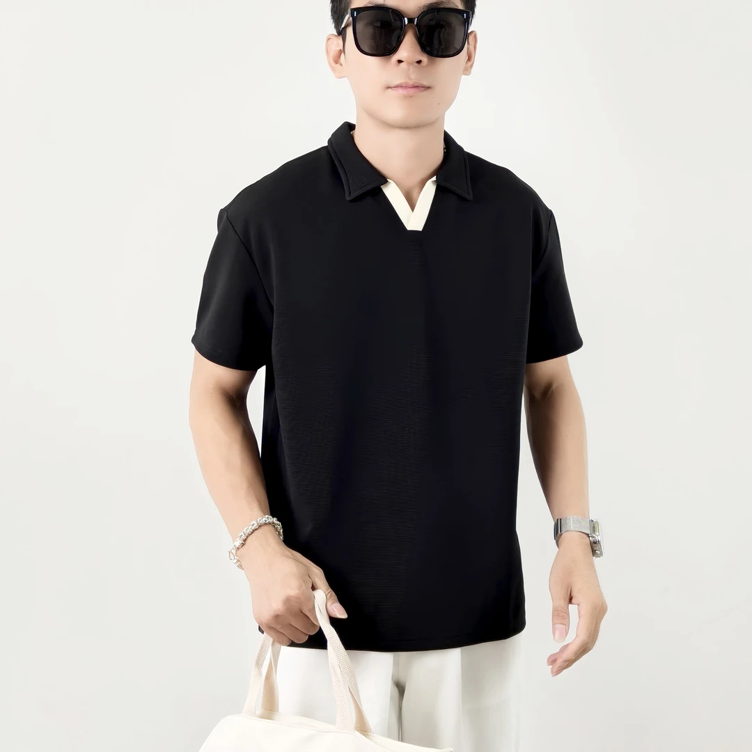 男士短袖polo衫夏季潮流V领拼接T恤男潮牌痞帅休闲百搭上衣帅