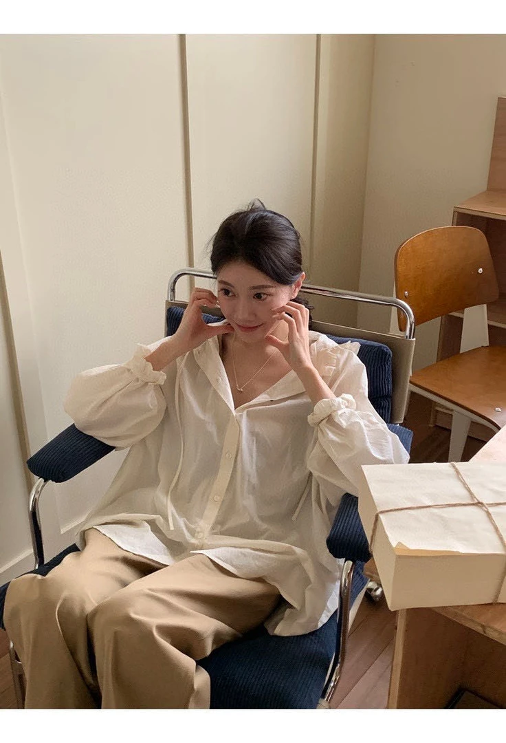 【Halo】Ar*重工宽松显瘦设计款气质花苞连帽防晒衬衫