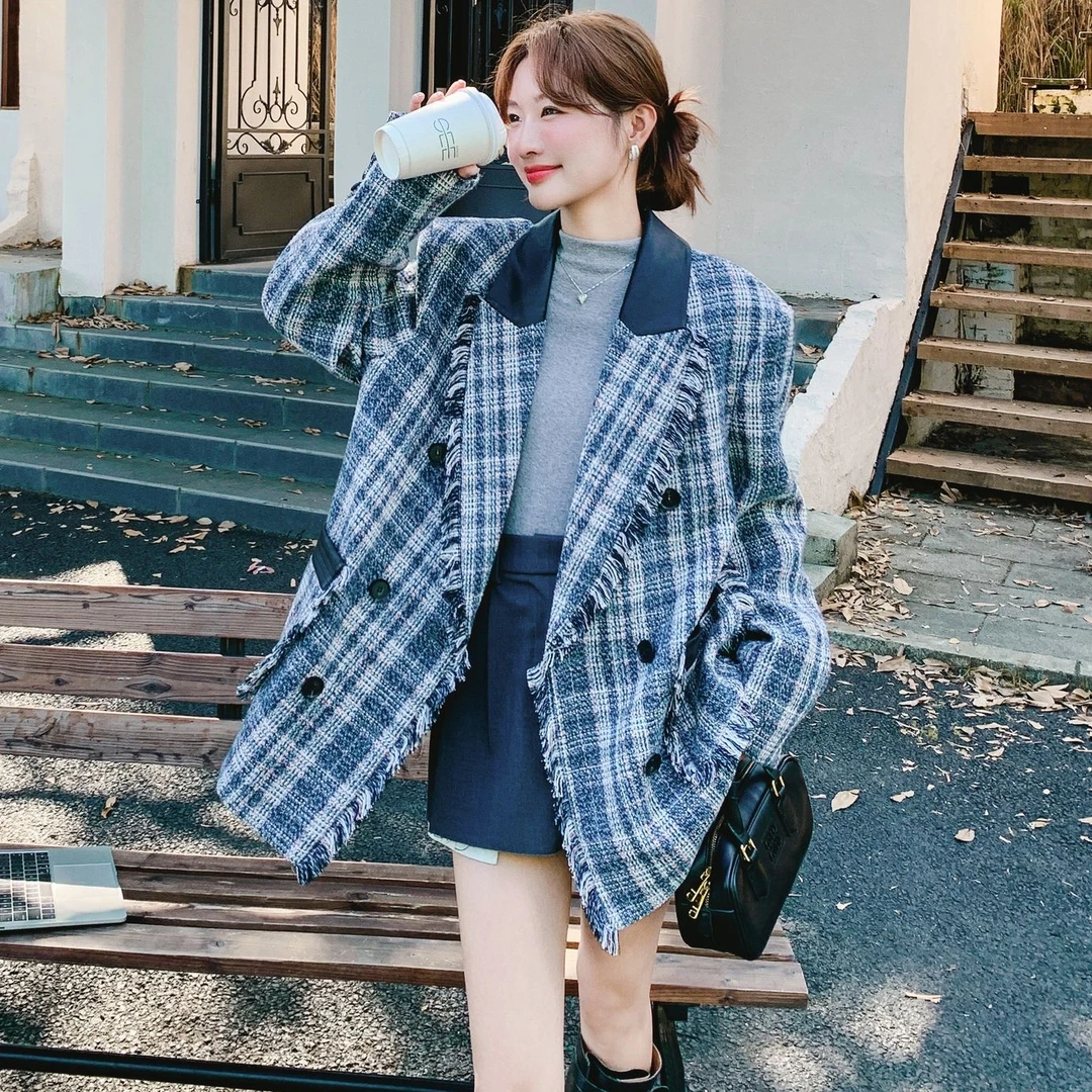 复古格纹小香风西装外套2025新款女早秋巨好看流苏拼接小西服上衣
