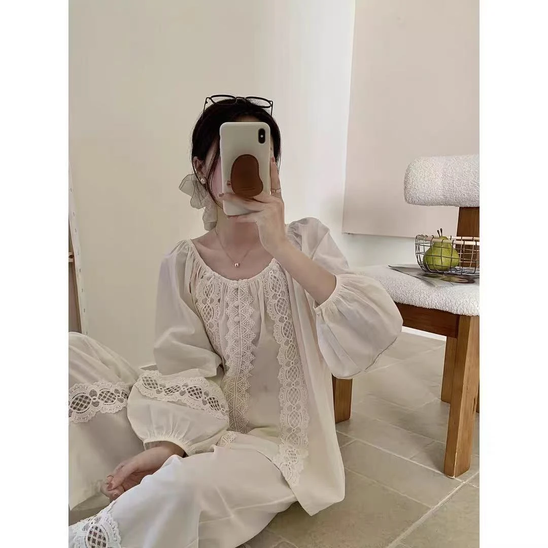 2025秋季新款宫廷刺绣纯棉长袖睡衣韩版微宽松可外穿家居服套装女