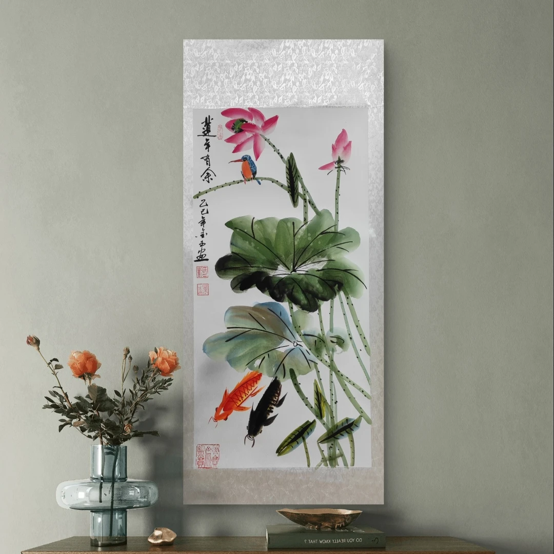 【莲年有余】刘老师亲笔手绘/三尺白底竖轴55*130国画作品