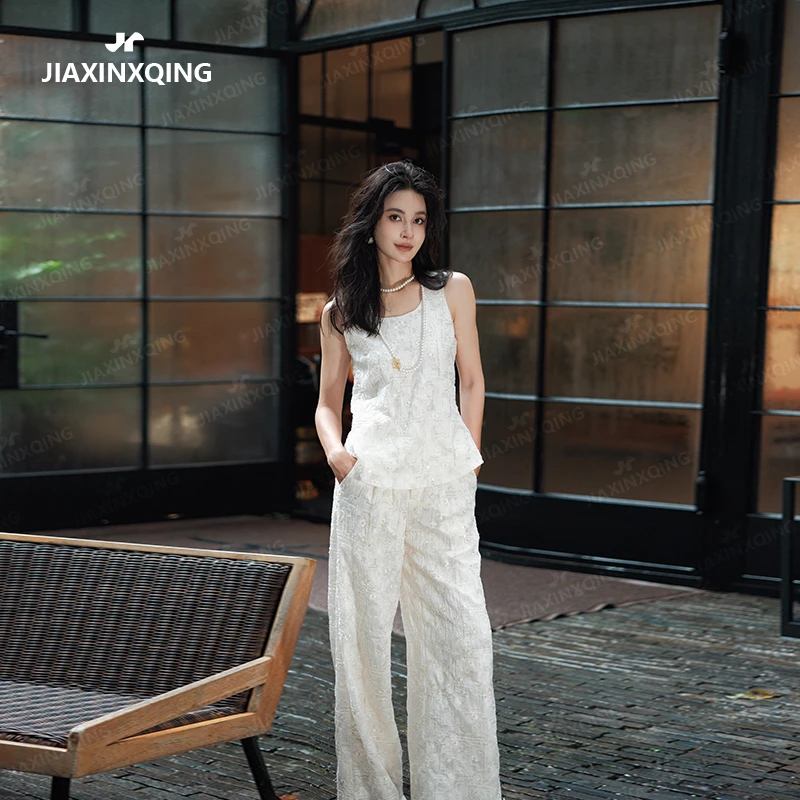 JIAXINXQING老钱风夏季新品吊带纹理背心+裤子两件套显瘦时尚套装