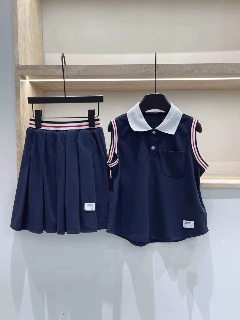 女童夏款时尚无袖POLO衫百褶裙套装2025儿童时髦T恤小短裙两件套