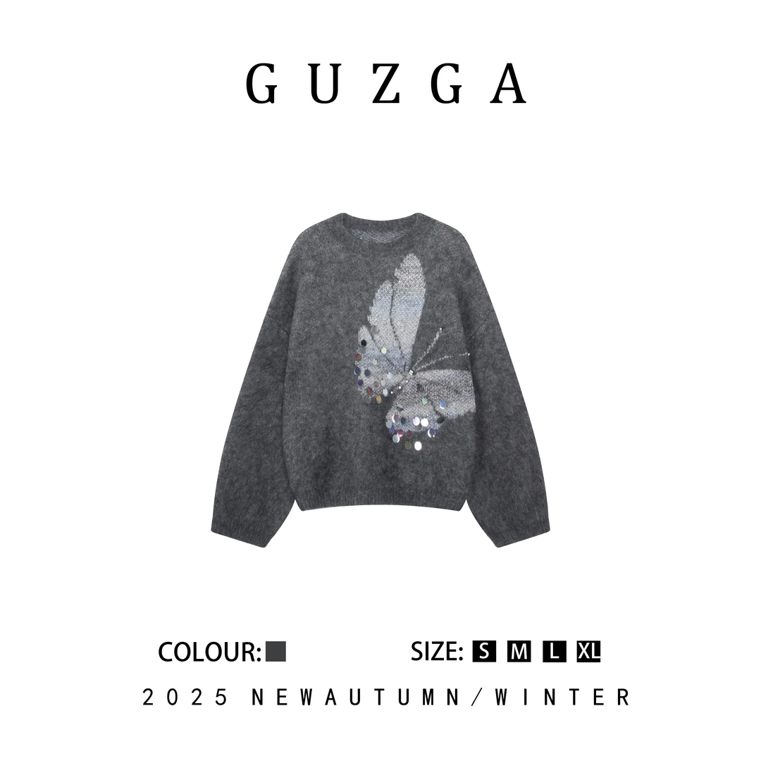 GUZGA【明艳端庄】2025春季上新圆领蝴蝶亮片装饰针织毛衣女