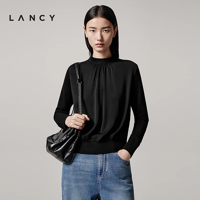 LANCY/朗姿2025年秋新款法式设计感丝毛黑色针织衫女气质高级上衣