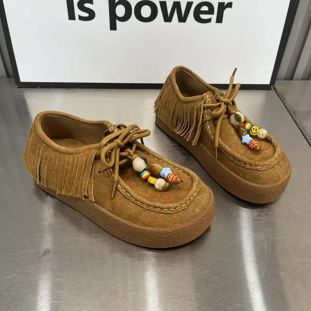 2025系带早秋厚底鞋女复古风流苏装饰反绒乐福鞋袋鼠单鞋女鞋低帮