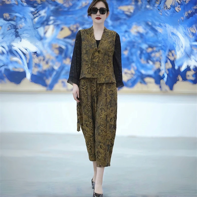妍欧洲高端轻奢复古提花时尚洋气马甲宽松大码上衣+裤子两件套装