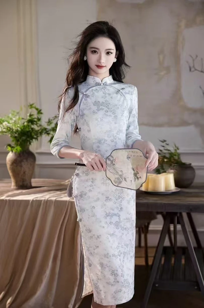 （蓝色）扎染小花手工八扣七分袖长款旗袍中国风少女时尚复古