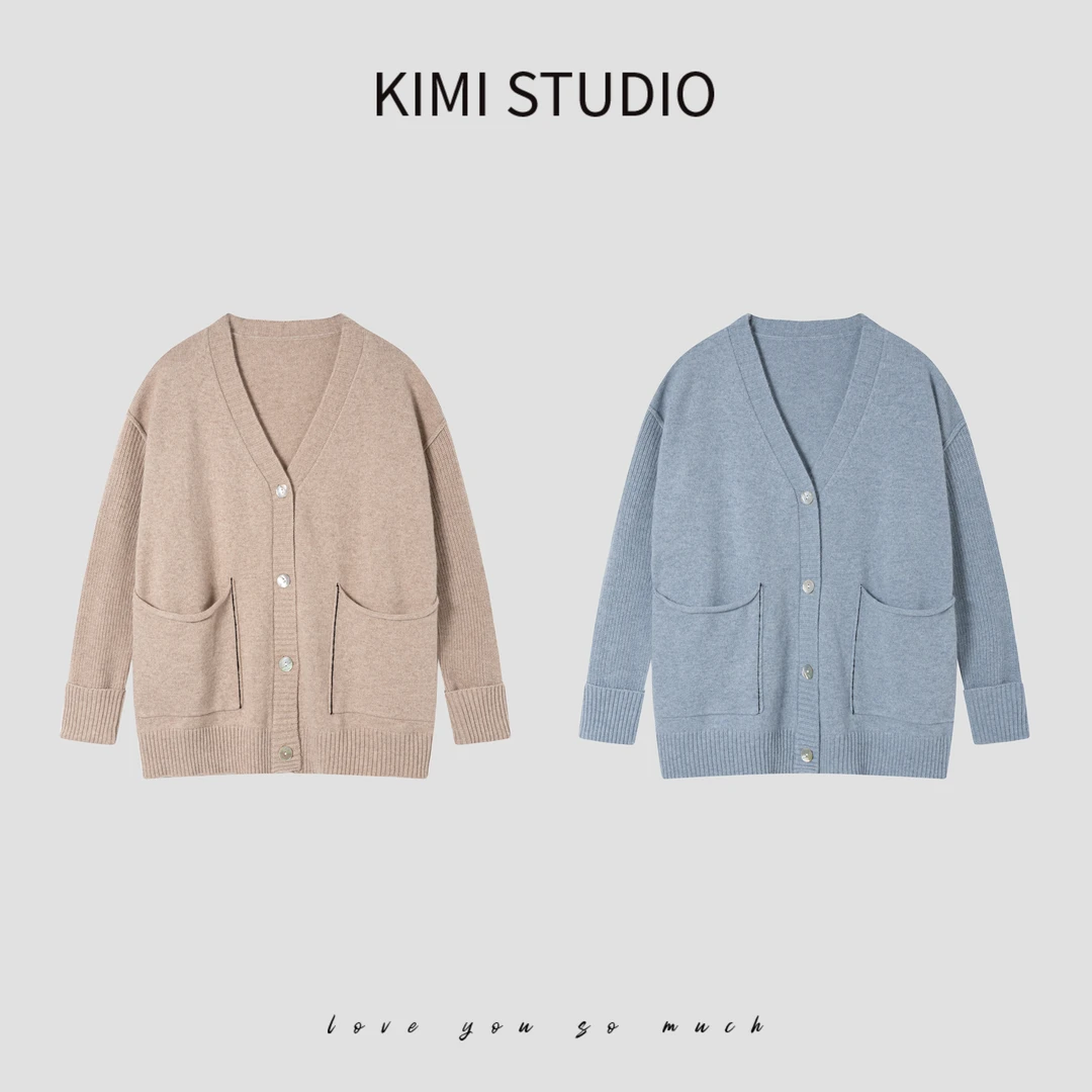 AW25405 设计师款宽松慵懒风羊毛V领针织开衫外套