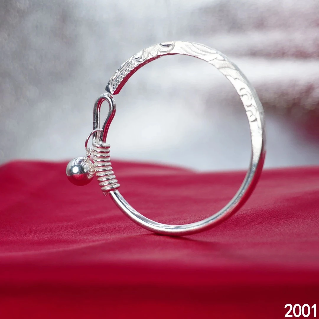 足银手镯 足银手镯 苗乐足银凤凰追日手工雕刻哑铃手镯实心手镯