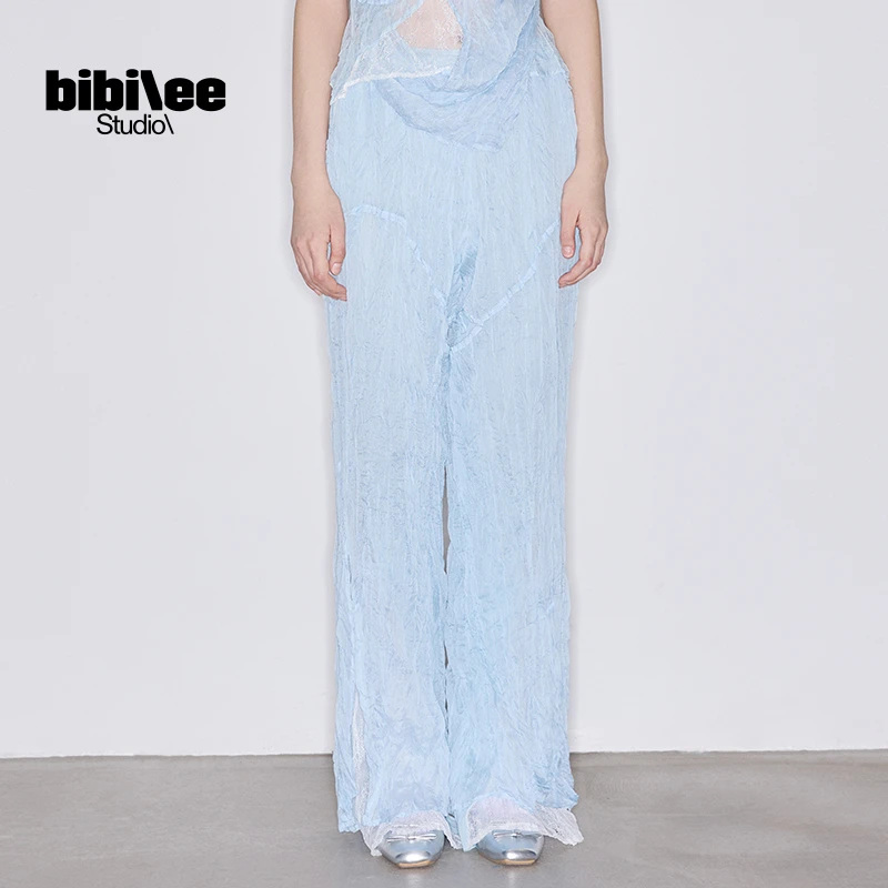 BIBILEE STUDIO25春夏新品双层手工捏褶蕾丝高腰拖地长裤BBL501
