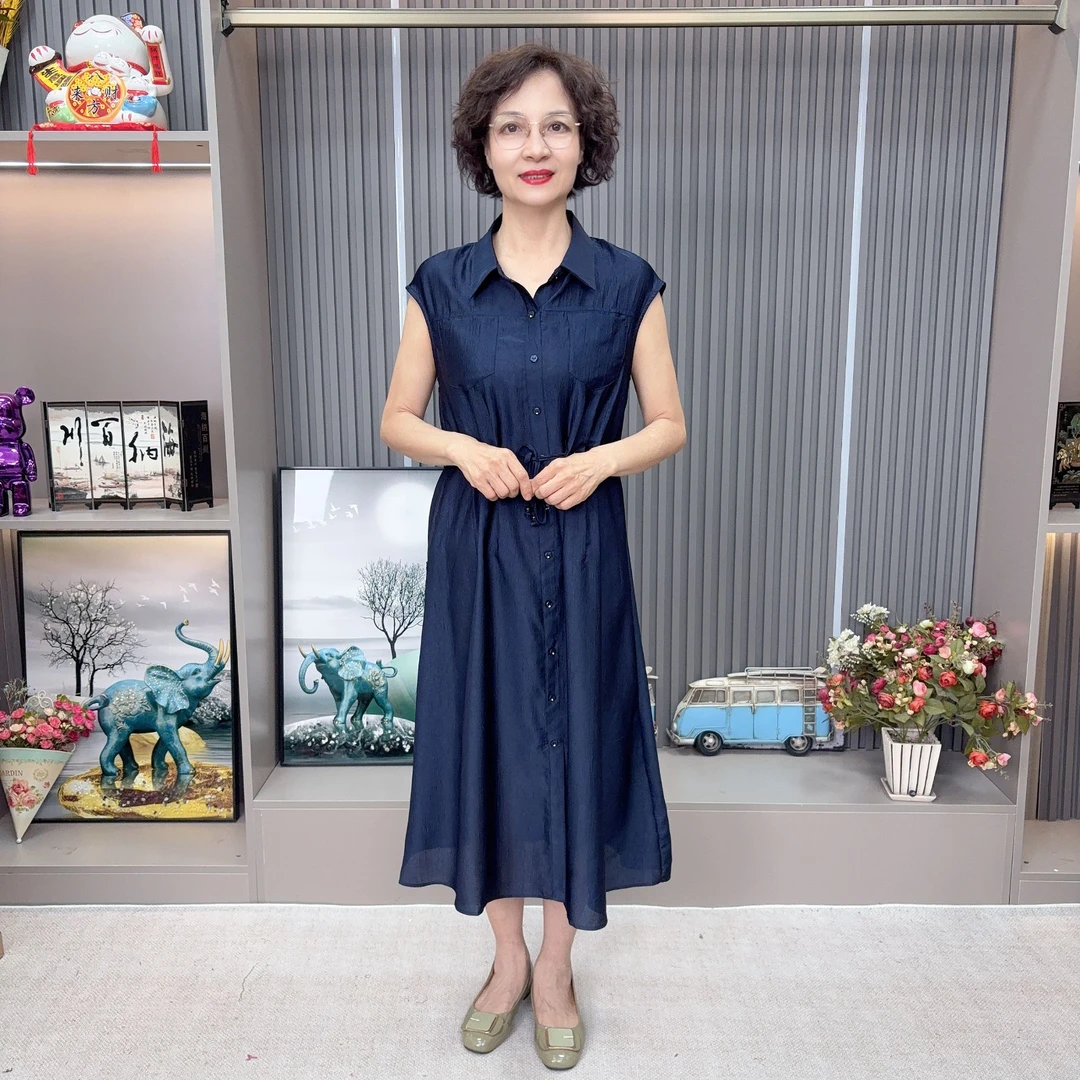 【LU-JIE 37】妈妈装中老年女装优雅时尚款翻领收腰显瘦中长连衣裙