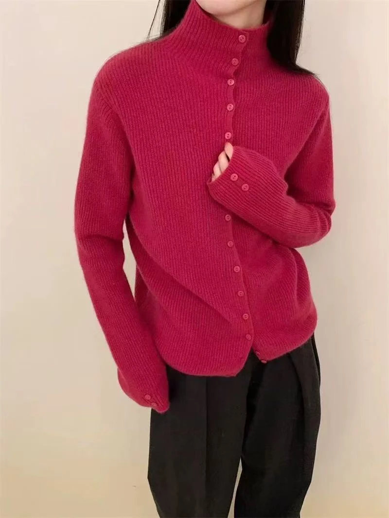 小朵家 显白火龙果坑条扣子半领0915开衫