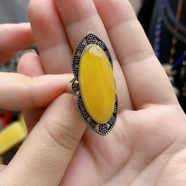 银S925镶嵌琥珀裸石戒指