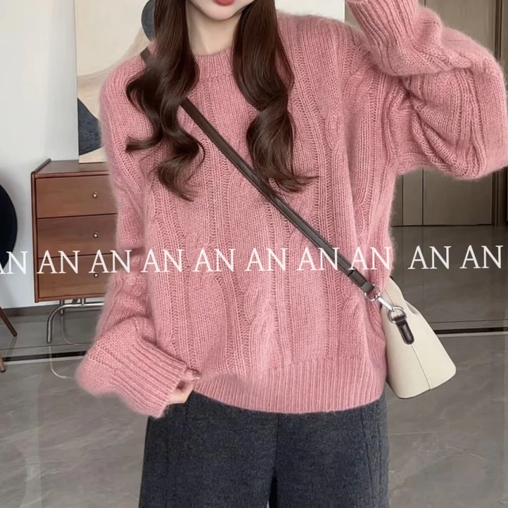 【粉红佳人】C11315法式温柔系气质宽松休闲超好看套头粉色麻花毛衣