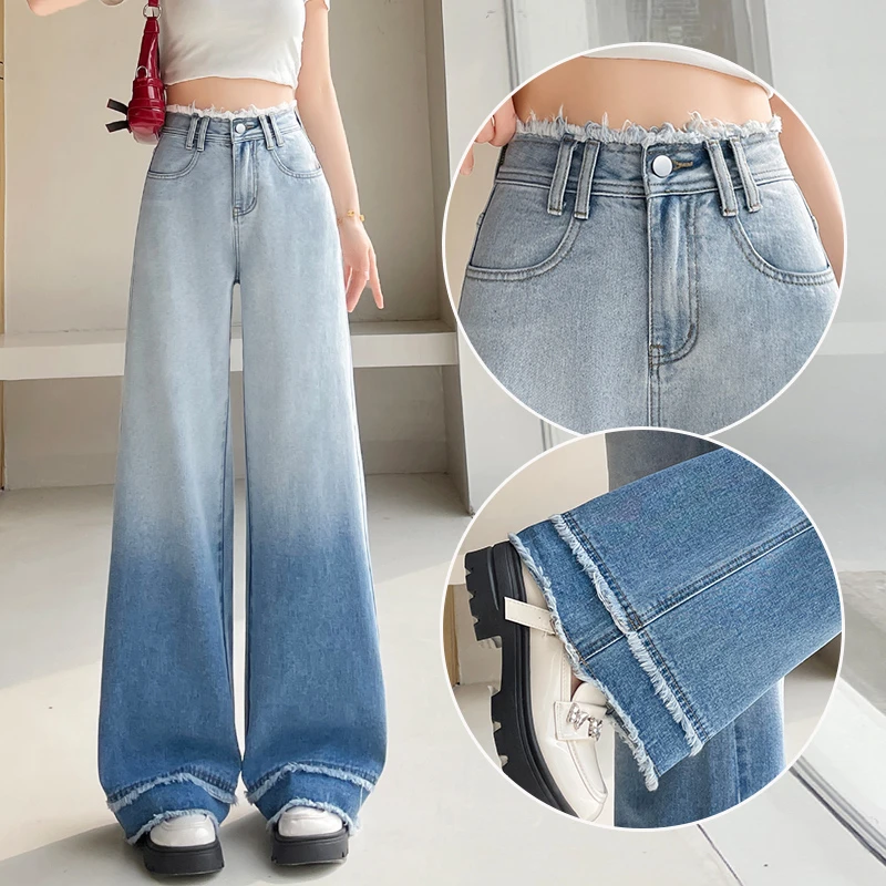 渐变色拼接毛边阔腿牛仔裤女2025秋季A版高腰宽松遮肉超火拖地裤