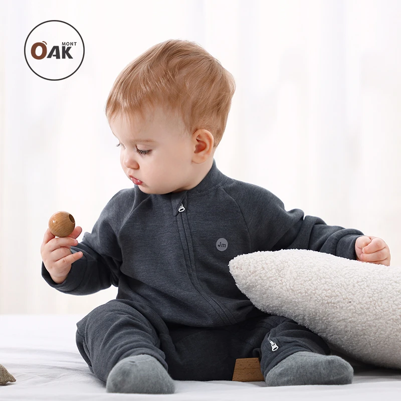 Oak mont秋装蚕丝羊毛新生儿宝宝婴儿连体衣拉链衣服满月打底爬服